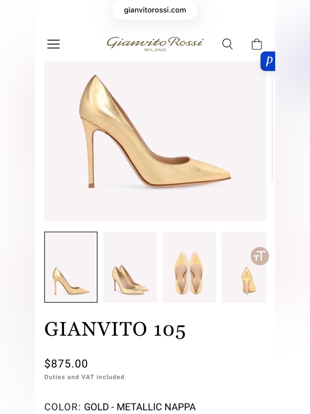 Gianvito Rossi Metallic Gold Pointed-Toe Stiletto Pumps Size 8